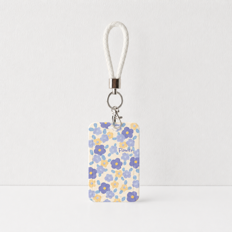 Cute Oil Painting Flower Card Holder with Keychain/Lanyard, Cartoon ID Card Case for Students & Kids
