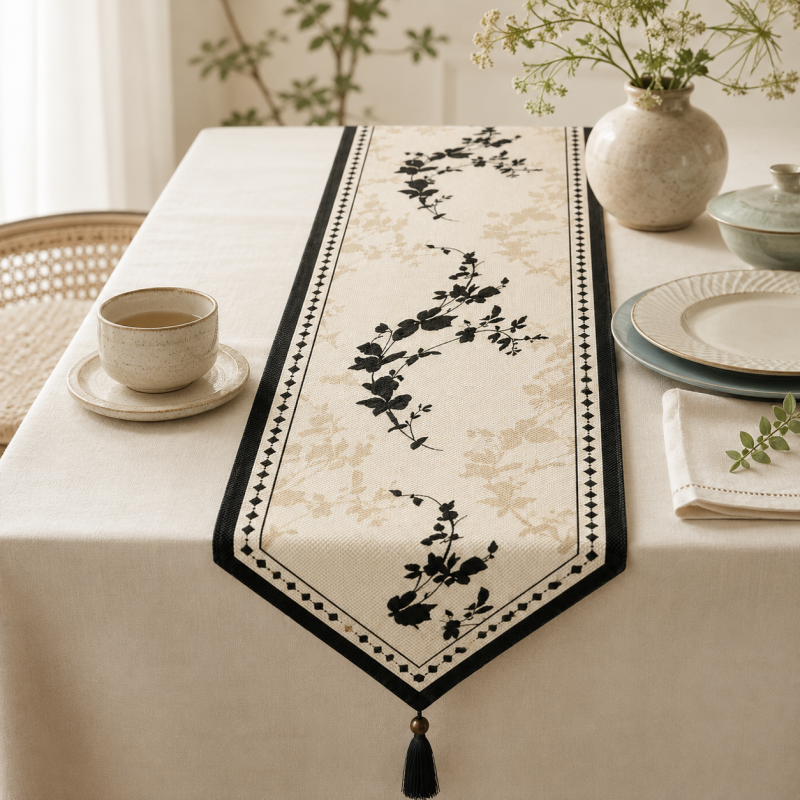 CouldNook Floral Faux Linen Tassel Table Runner - Warm Home Decor