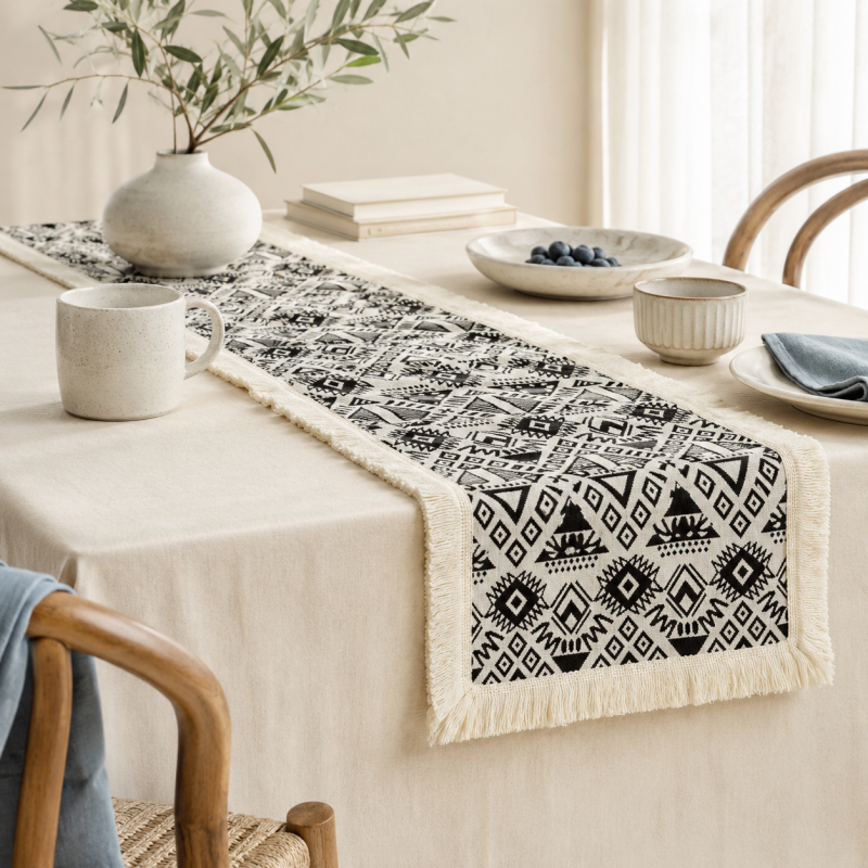 CouldNook French Geometric Pattern Table Runner - Elegant Tassel Decor