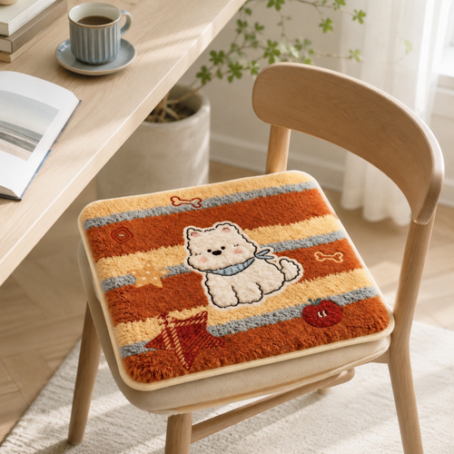 CouldNook Cartoon Puppy Striped Fleece Square Seat Chair Cushion- Non-Slip Winter Chair Pad