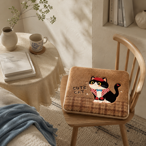 CouldNook Cartoon Beret Black White Cat Fleece Square Seat Chair Cushion- Non-Slip Winter Chair Pad