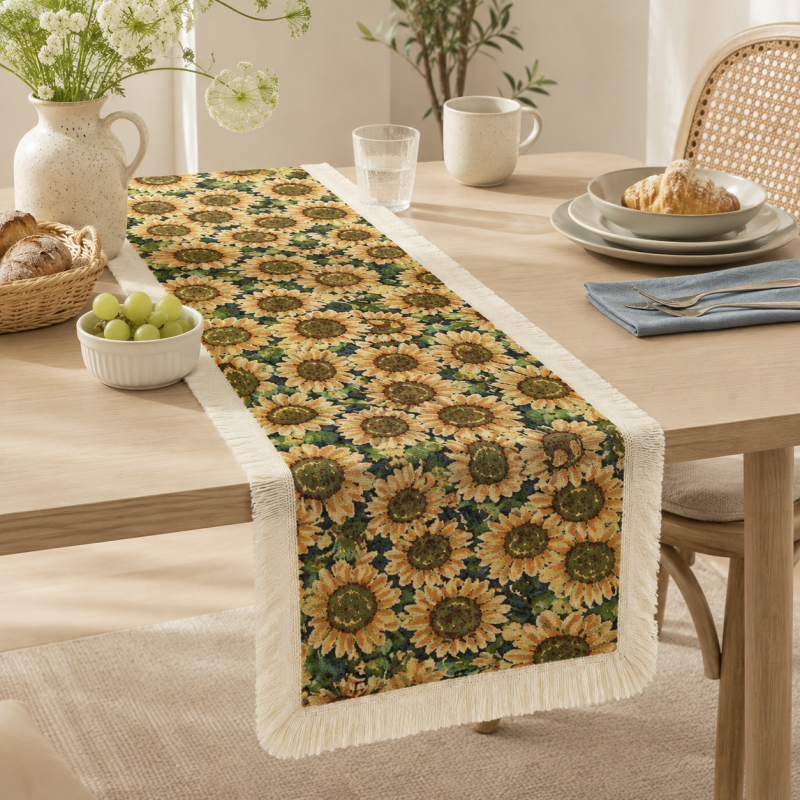 CouldNook French Sunflower Pattern Table Runner - Elegant Tassel Decor