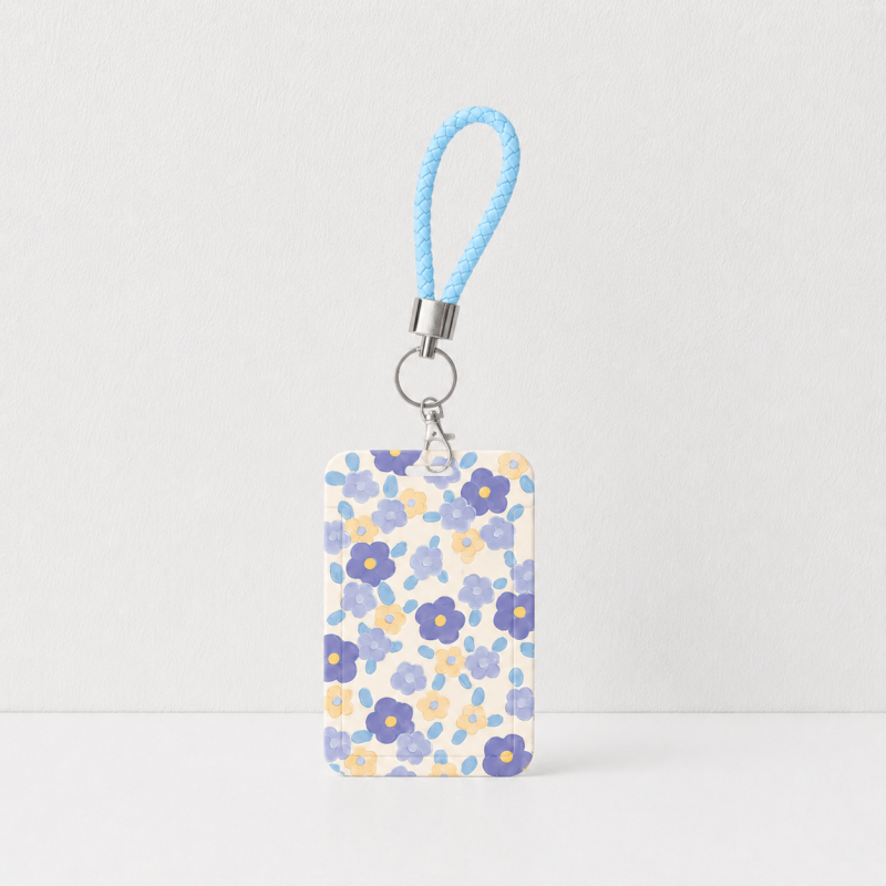 Cute Oil Painting Flower Card Holder with Keychain/Lanyard, Cartoon ID Card Case for Students & Kids