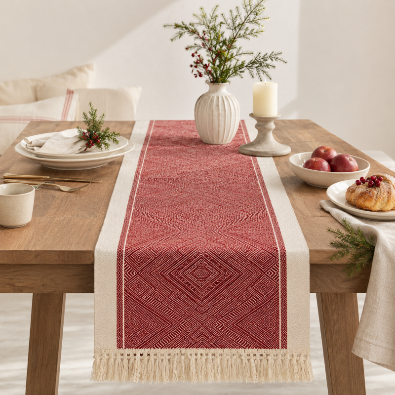 CouldNook BohoTable Red Woven Pattern Fringle Table Runner - Vintage Tassel Home Decor