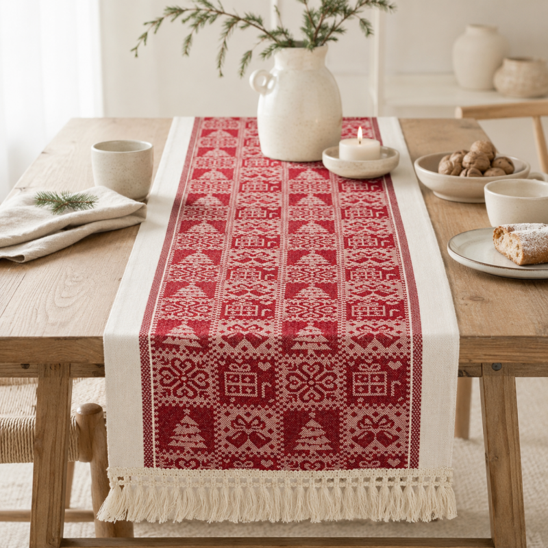 CouldNook BohoTable Red Woven Pattern Fringle Table Runner - Vintage Tassel Home Decor