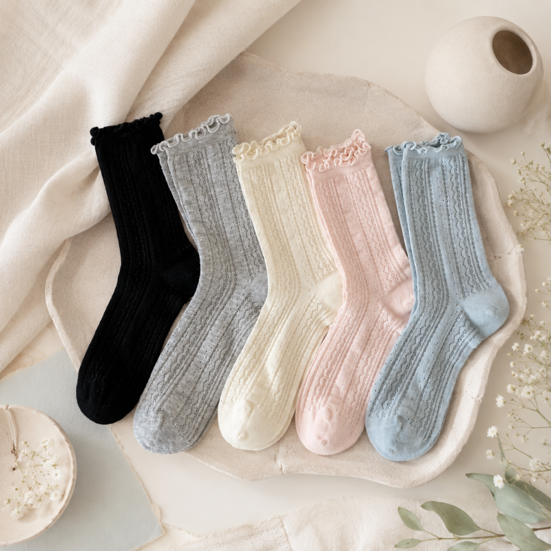 CouldNook Cozy Ruffled Ribbed Crew Socks - Soft Shoe Accent