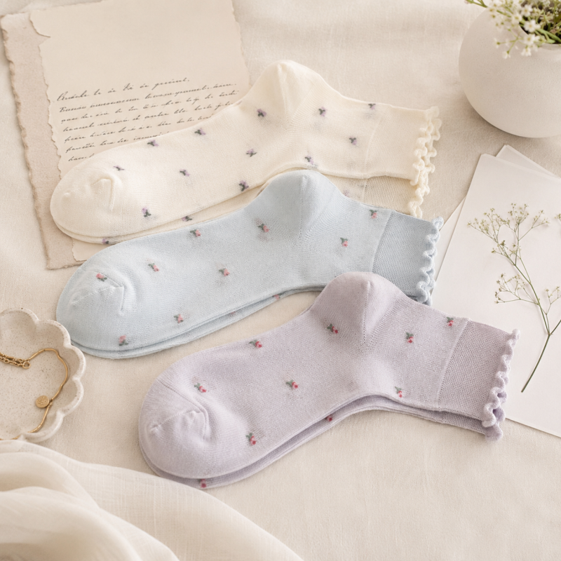 CouldNook Cozy Tiny Motif Sheer-Look Crew Socks - Soft Shoe Accent