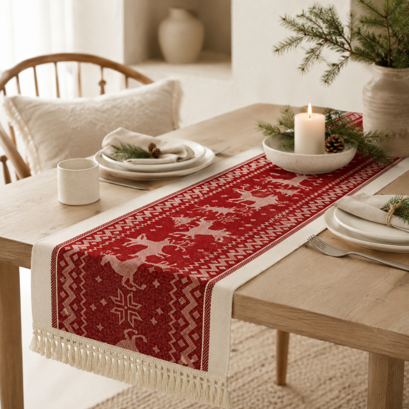 CouldNook BohoTable Red Woven Pattern Fringle Table Runner - Vintage Tassel Home Decor