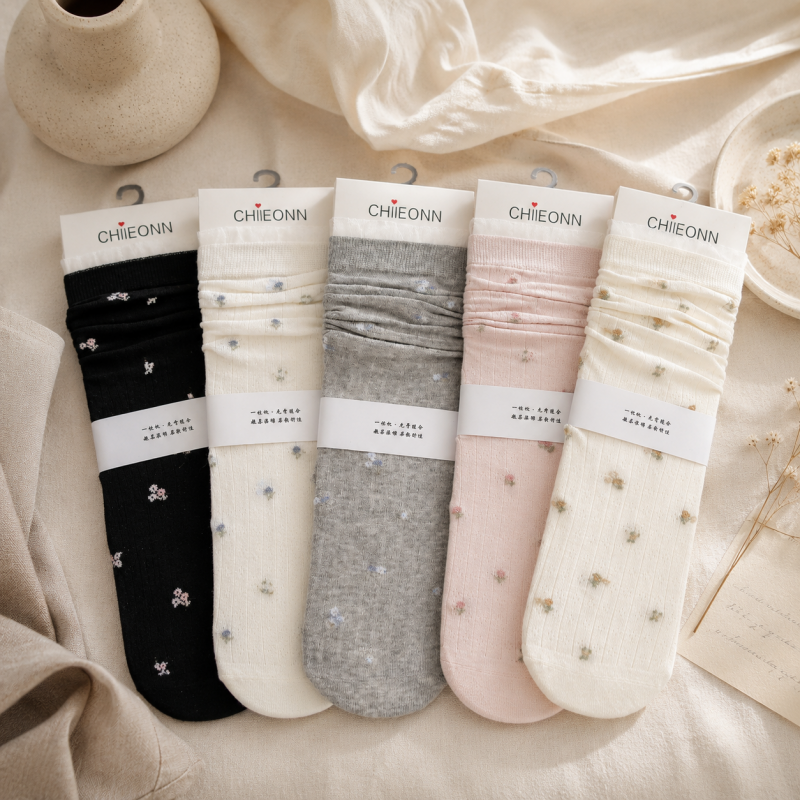 CouldNook Cozy Floral Mesh Crew Socks - Light Shoe Accent