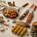 CouldNook Wooden Handle Stainless Steel BBQ Grill Baskets - Barbecue Cooking Tool