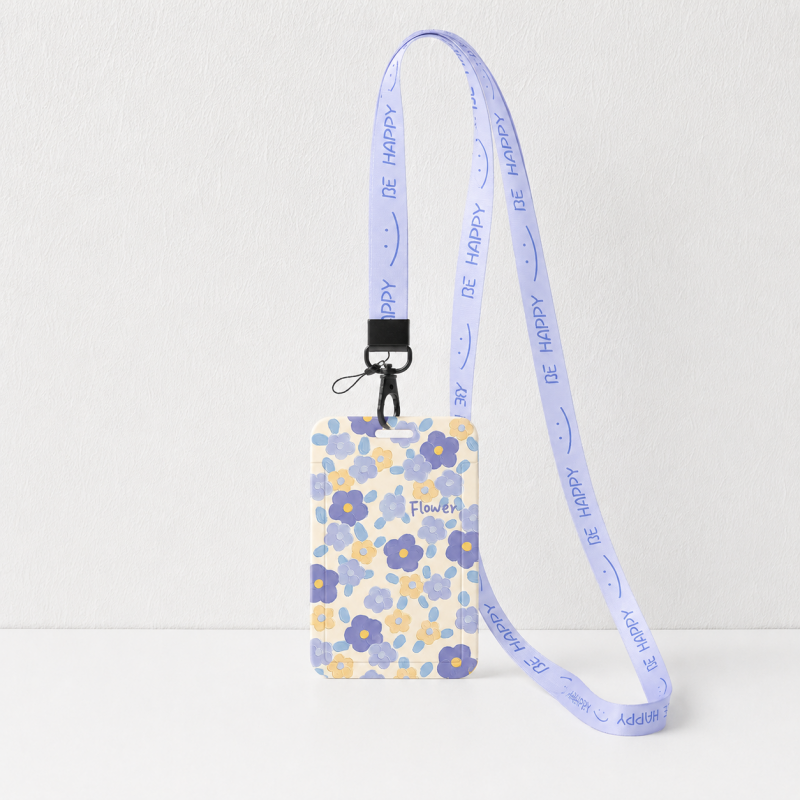 Cute Oil Painting Flower Card Holder with Keychain/Lanyard, Cartoon ID Card Case for Students & Kids
