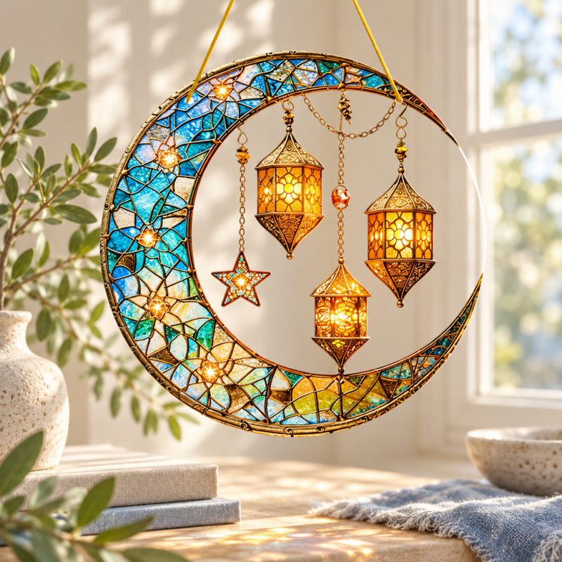 CouldNook Moon Hanging Ornament - Flat Acrylic And Lantern-Inspired Artwork