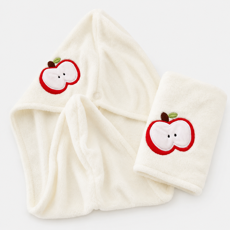 CouldNook Apple Motif Coral Fleece Bath Set - Absorbent Towel & Cap Kit