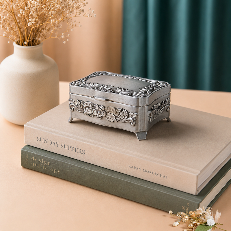 CouldNook Floral Relief Jewelry Box - Aesthetic Rectangular Metallic Case