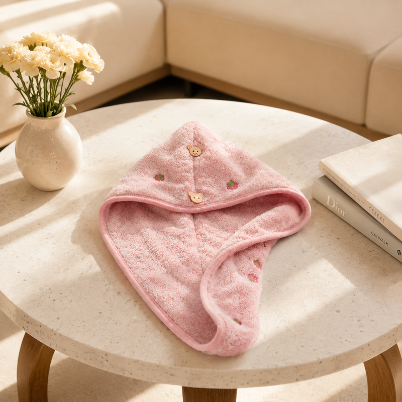 CouldNook Strawberry Embroidered Hair Drying Cap - Soft Double-Layer Microfiber Cap