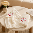 CouldNook Apple Motif Coral Fleece Bath Set - Absorbent Towel & Cap Kit