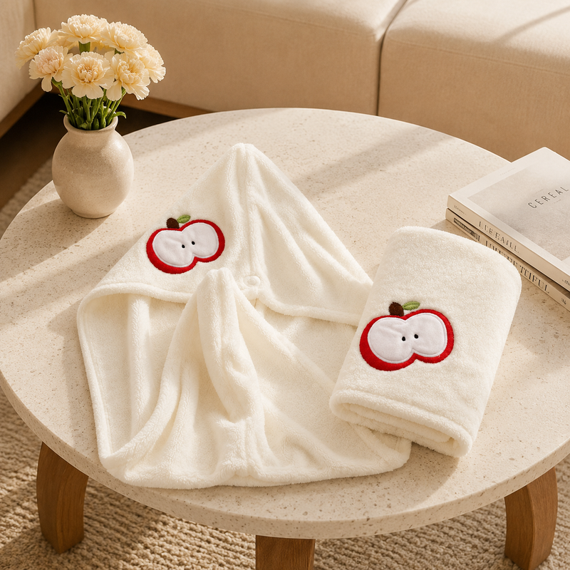 CouldNook Apple Motif Coral Fleece Bath Set - Absorbent Towel & Cap Kit