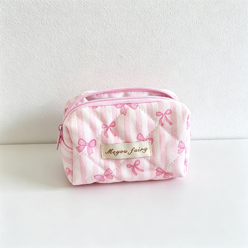 CouldNook Quilted Stripe Bow Print Cosmetic Bag - Vanity Storage Accent