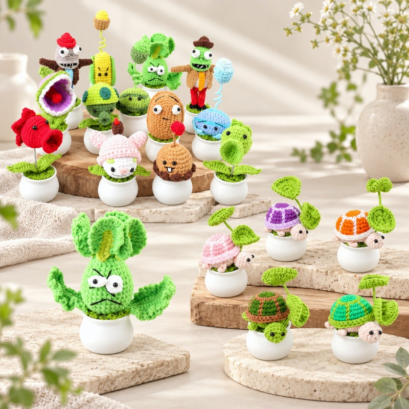 CouldNook Crocheted Character Pot Ornament - Colorful Figures And White Pots