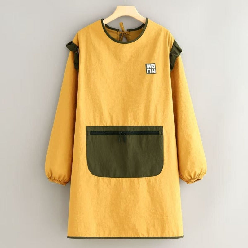 Waterproof with Ruffle Trim  Long Sleeve Apron- Canvas Kitchen Apron