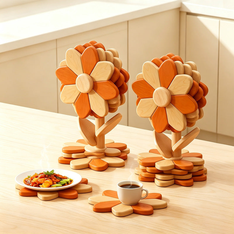 CouldNook Wooden Sunflower Trivet Set - Standing Petal Display