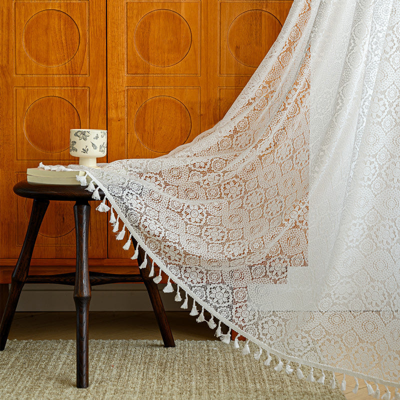 French Floral Lace Sheer Curtains - White Transparent Tulle Drape