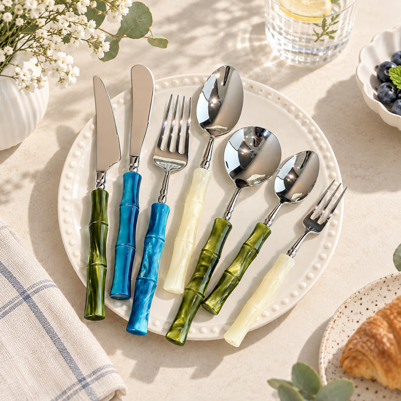 CouldNook Colored Bamboo Look Handle Flatware - Polished Dining Collection