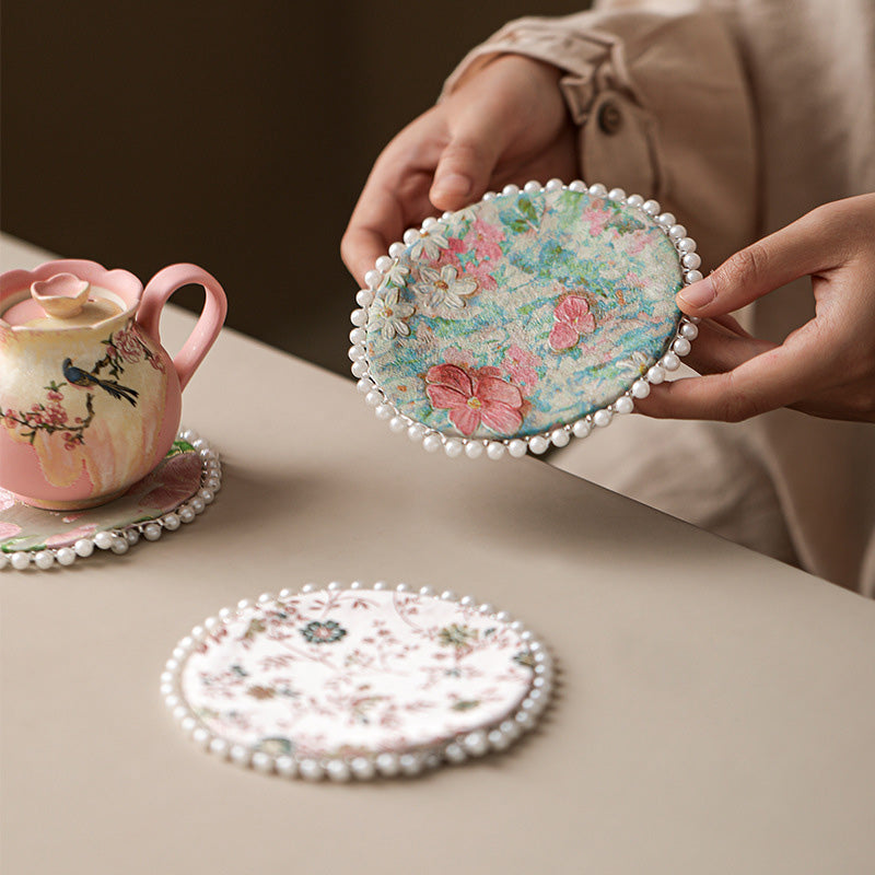 CouldNook Vintage Oriental Brocade Coaster - Luxury Pearl-Edged Teacup Mat