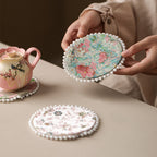 CouldNook Vintage Oriental Brocade Coaster - Luxury Pearl-Edged Teacup Mat