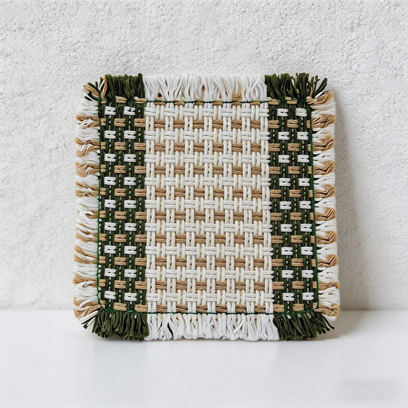 CouldNook Boho Hand-Woven Fringe Coaster - Chunky Checkered Cotton Mug Mat