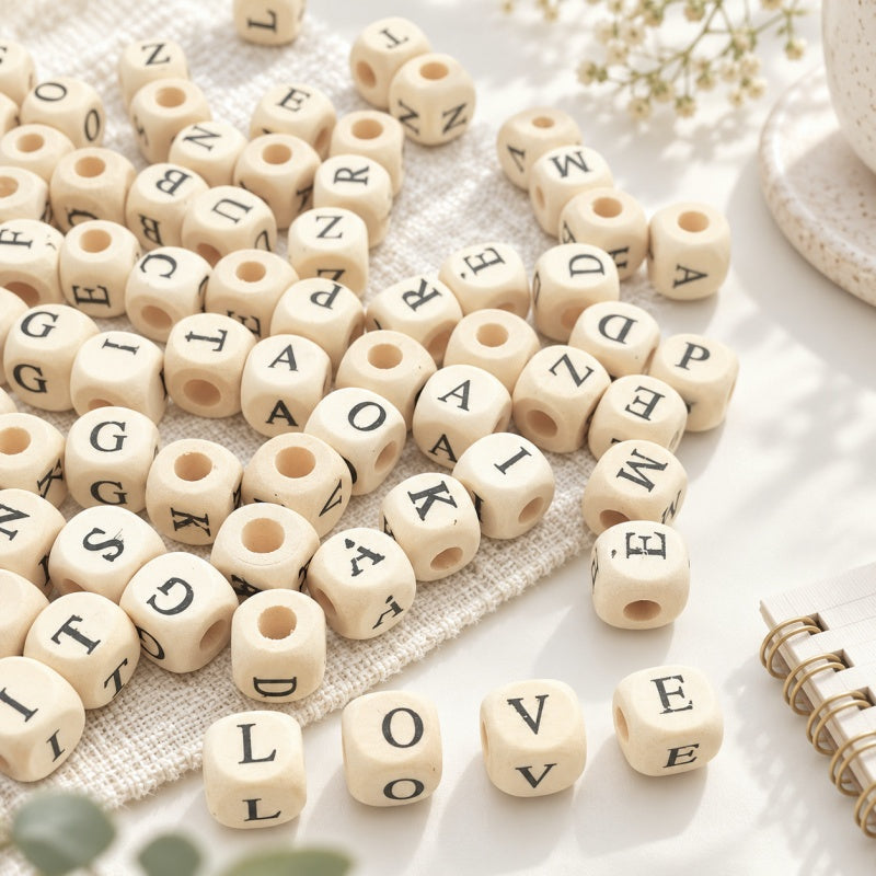 CouldNook Wood Alphabet Beads - Rounded Cubes and Letter Faces