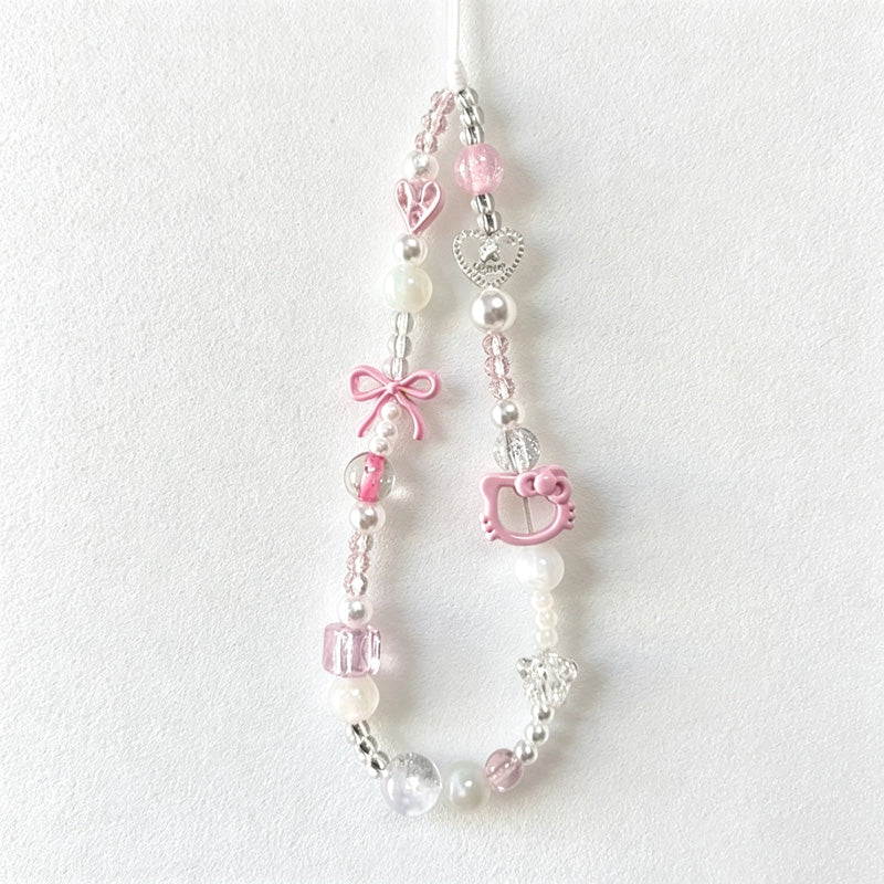 CloudNook Beaded Phone Wrist Strap-Pink Cat Bow Charms