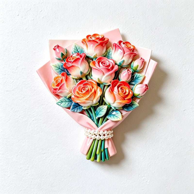 CouldNook Rose Bouquet Fridge Magnet - Layered Blooms and Wrapped Floral Shape