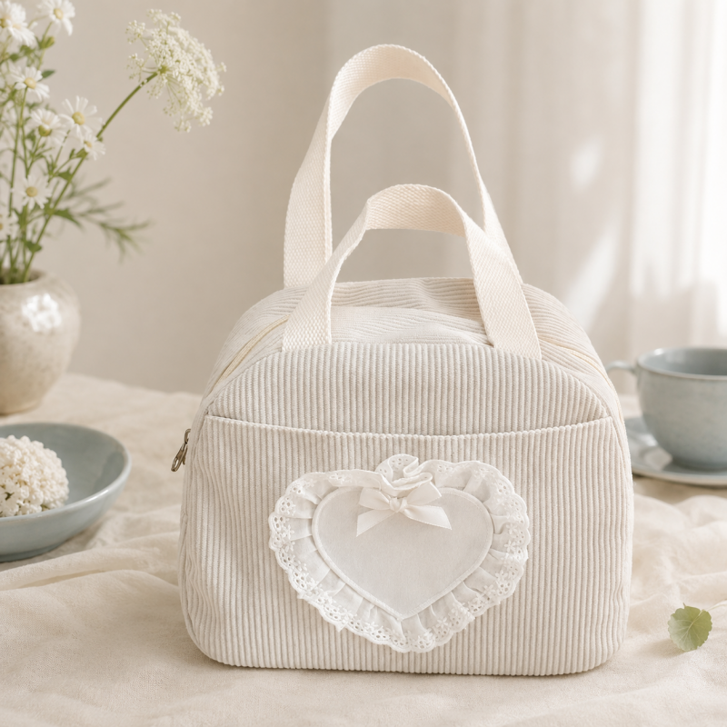 CouldNook Corduroy Lunch Bag - Lace Heart and Top Handle