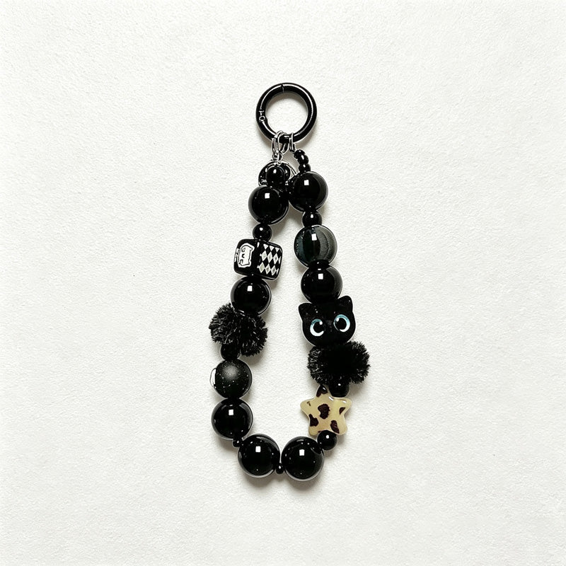 CloudNook Beaded Phone Wrist Strap-Black Plush Cat Charms