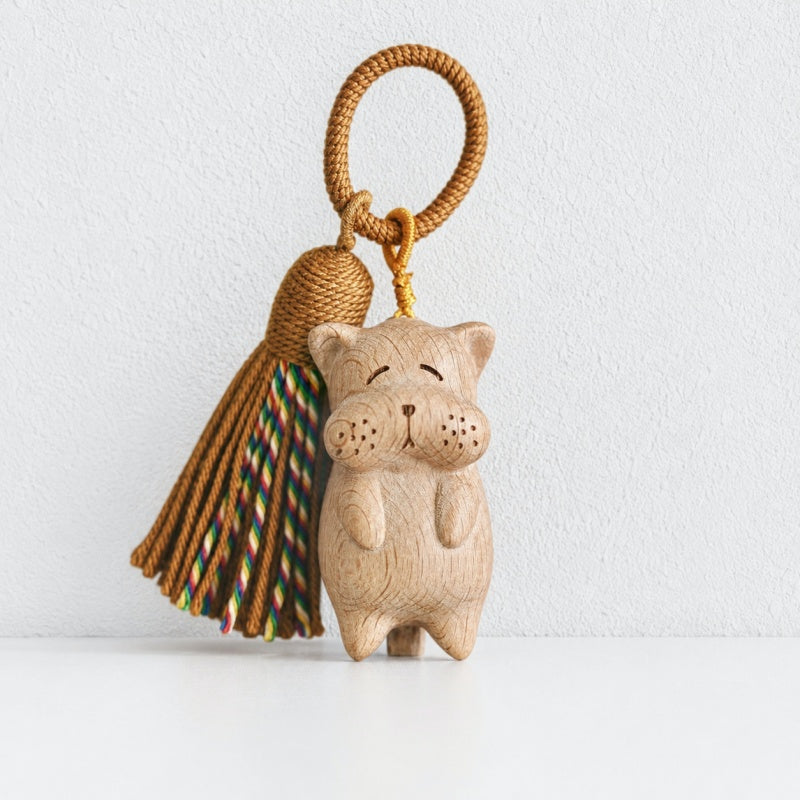 CouldNook Fake Wooden Cat Keychain - Boho Tassel Pendant