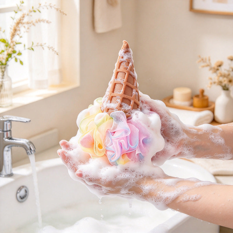 CouldNook Ice-Cream Bath Pouf - Pastel Mesh Scoop and Textured Cone