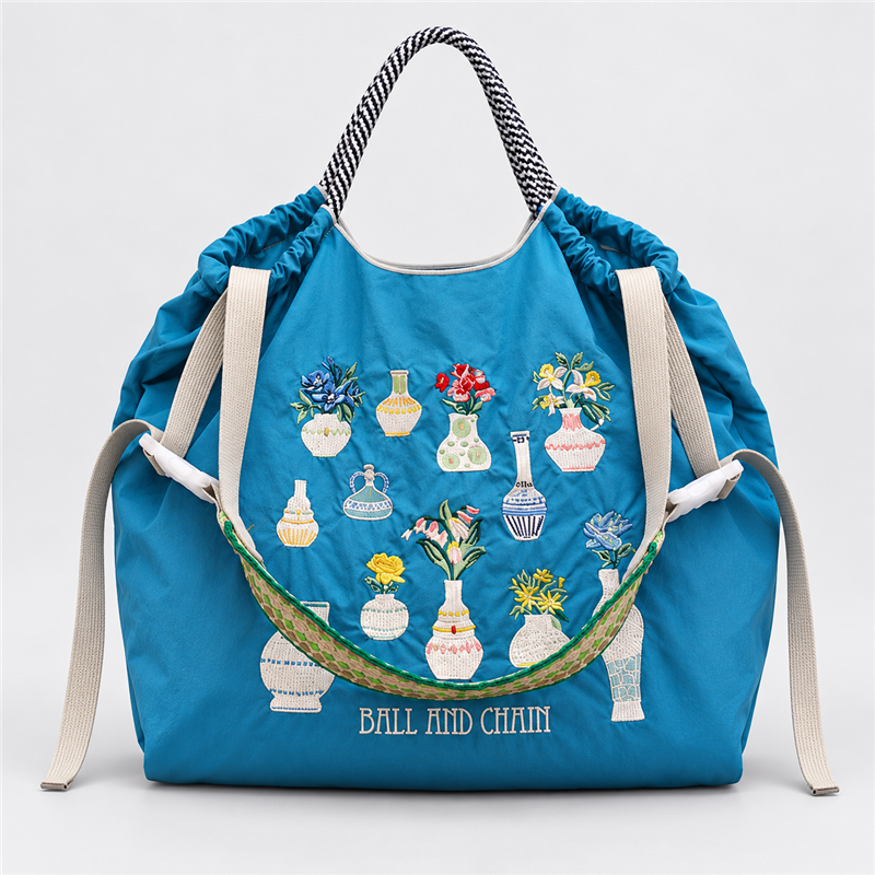 Vase and Flower Embroidered Shopping Bag