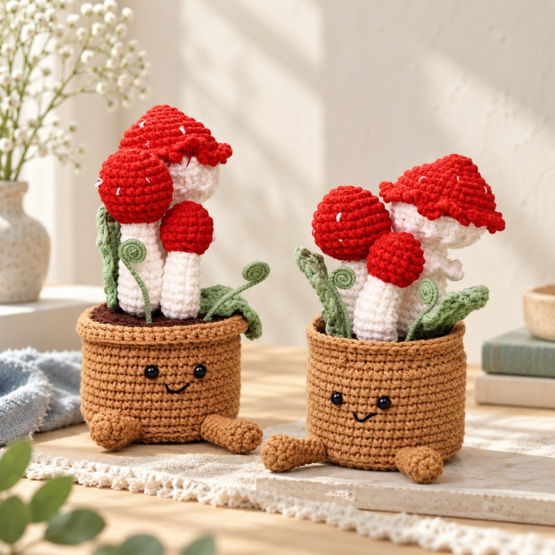 CouldNook Crocheted Mushroom Pot Ornament - Red Caps And Smiling Pot