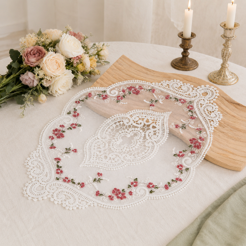 CouldNook French Lace Table Placemat - Rose Embroidered Mat