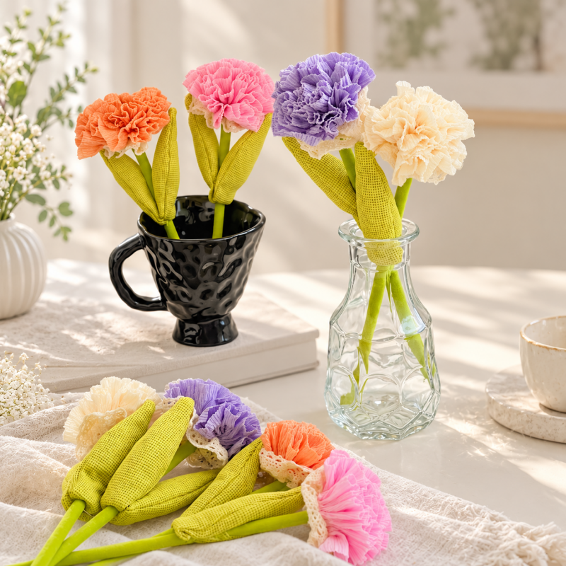 Artificial Carnation - Ruffled Petals and Paired Green Leaves