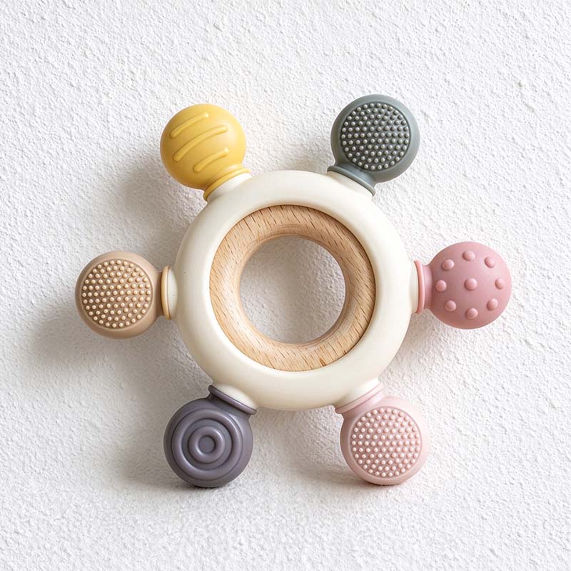 CouldNook Textured Ring Teether - Rounded Tabs and Wooden Center