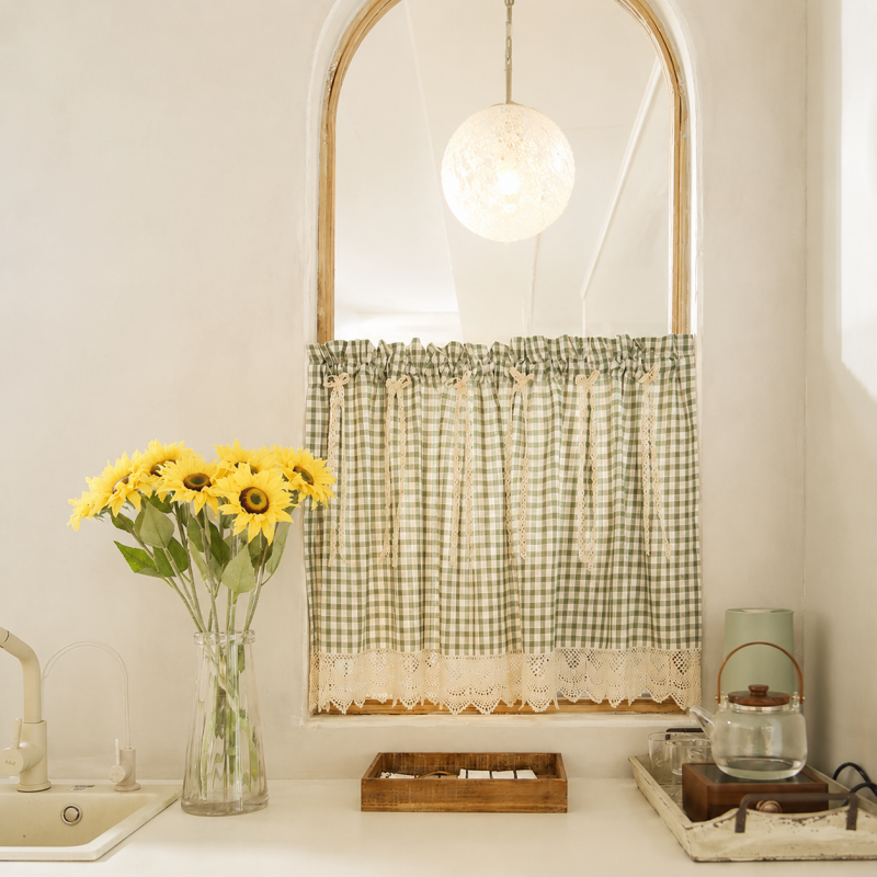 CouldNook Gingham Cabinet Curtain - Lace Trim and Ties