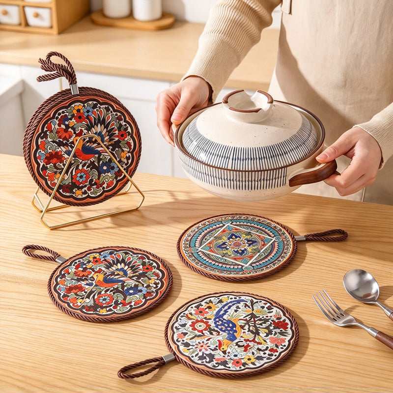CouldNook Patterned Ceramic Coaster - Round Motifs and Cord-Edged Trivets