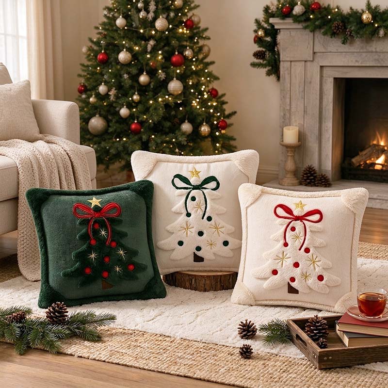 CouldNook Christmas Tree Pillow Cover - Raised Motif And Bow Detail