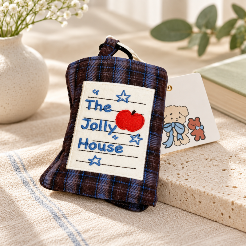 CouldNook Plaid Jewelry Organizer - Folding Fabric Case and Apple Patch Detail