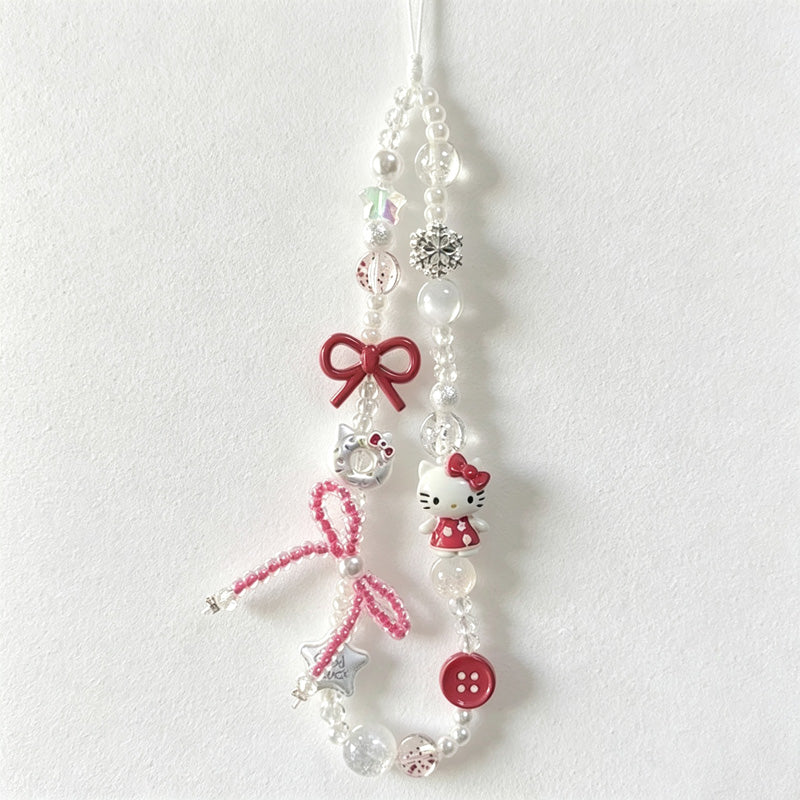 CloudNook Beaded Phone Wrist Strap-Cartoon Cat Bow Design