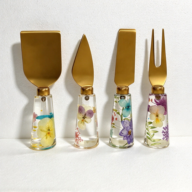 CouldNook Floral Cheese Serving Utensils - Clear Resin Handles and Shaped Heads