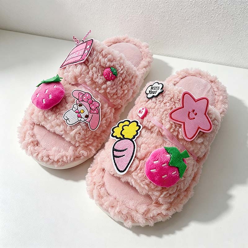 CouldNook Cartoon Plush Slippers - Cream and Pink Options
