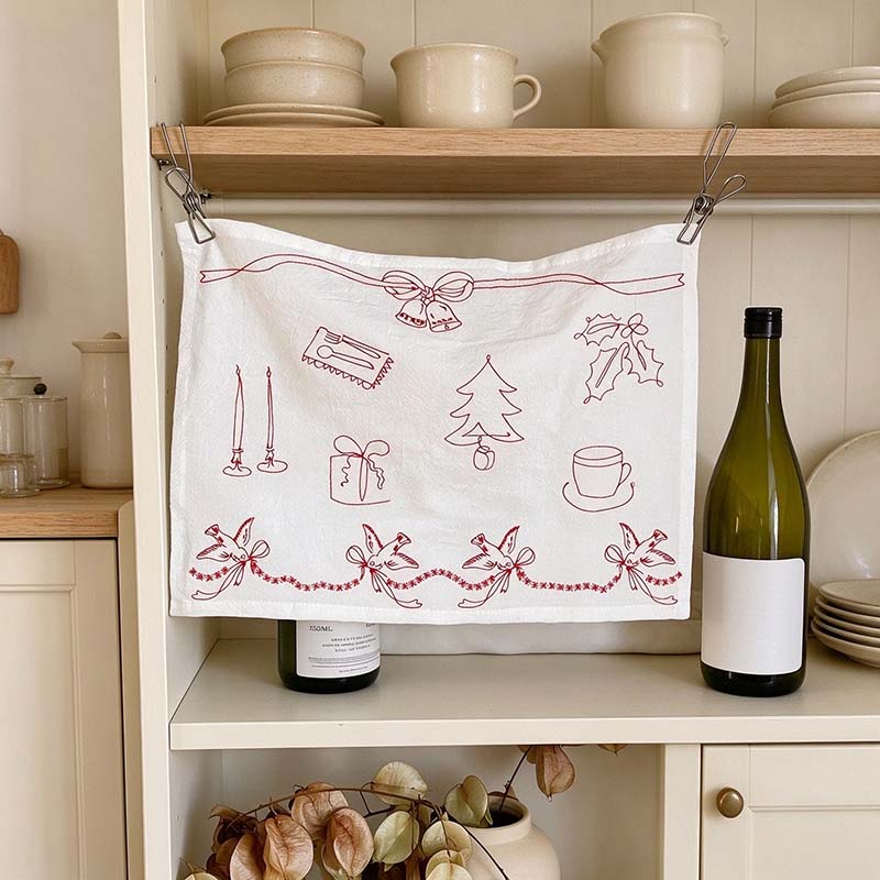 Christmas Embroidered Table Cloth with Red Line Motifs